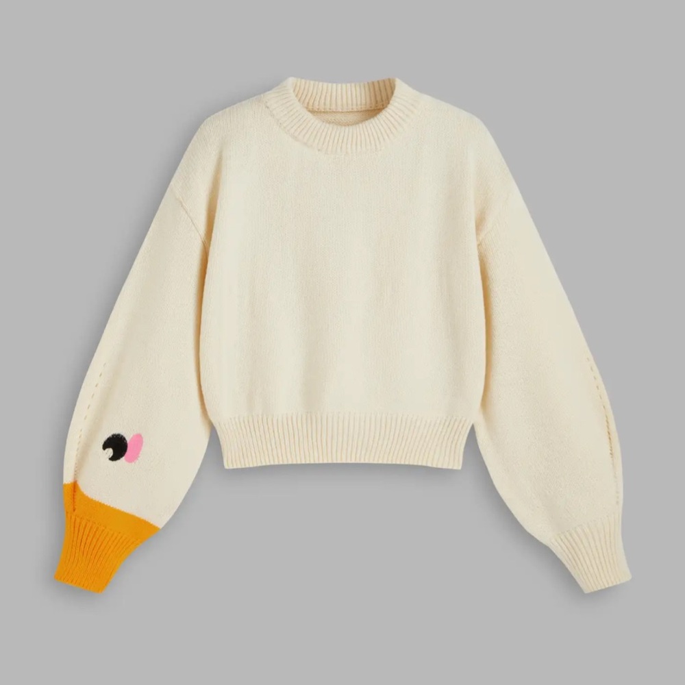 Cider Duck Goose Sleeve Cropped Cream Crew Neck Knit Sweater Womens Sz Lrg